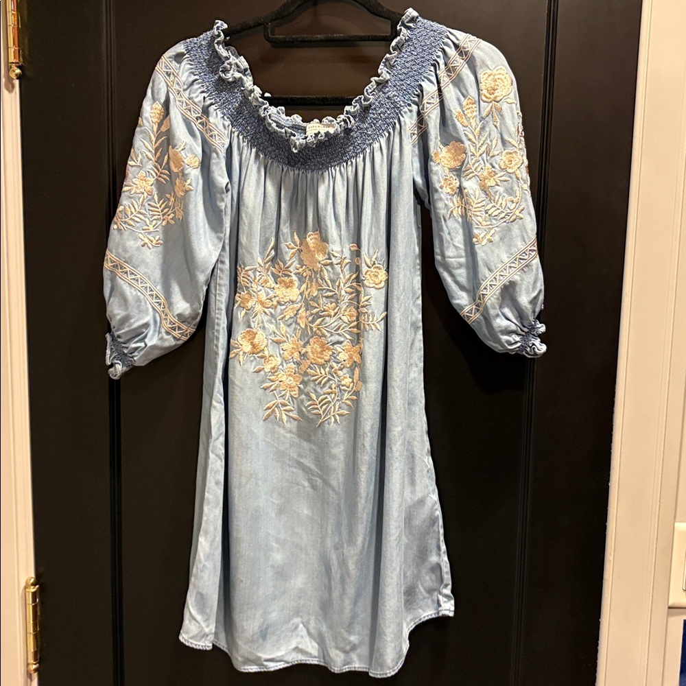 Zara collection Embroidered Blue jeans denium off shoulder ruffles xs babydoll